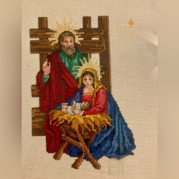 Handmade Framed Cross-Stitch Nativity Scene With Wooden Frame & Red Matting - Picture 5 of 6